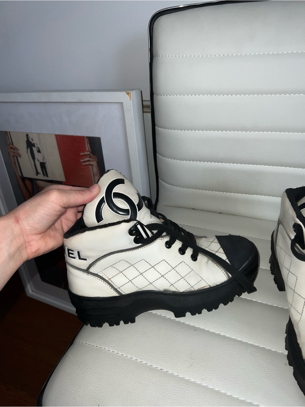 CHANEL White and Black Quilted Lace-Up High-Top Boots